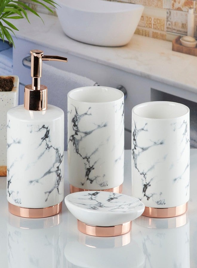 Kookee Ceramic Bathroom Set - Stylish 4 Piece Bath Accessories Kit with Soap Dispenser, Toothbrush Holder, Tumbler & Soap Dish - Modern & Designer Decor for Home & Guest Bathrooms, White/Gold (9600) - Image 1